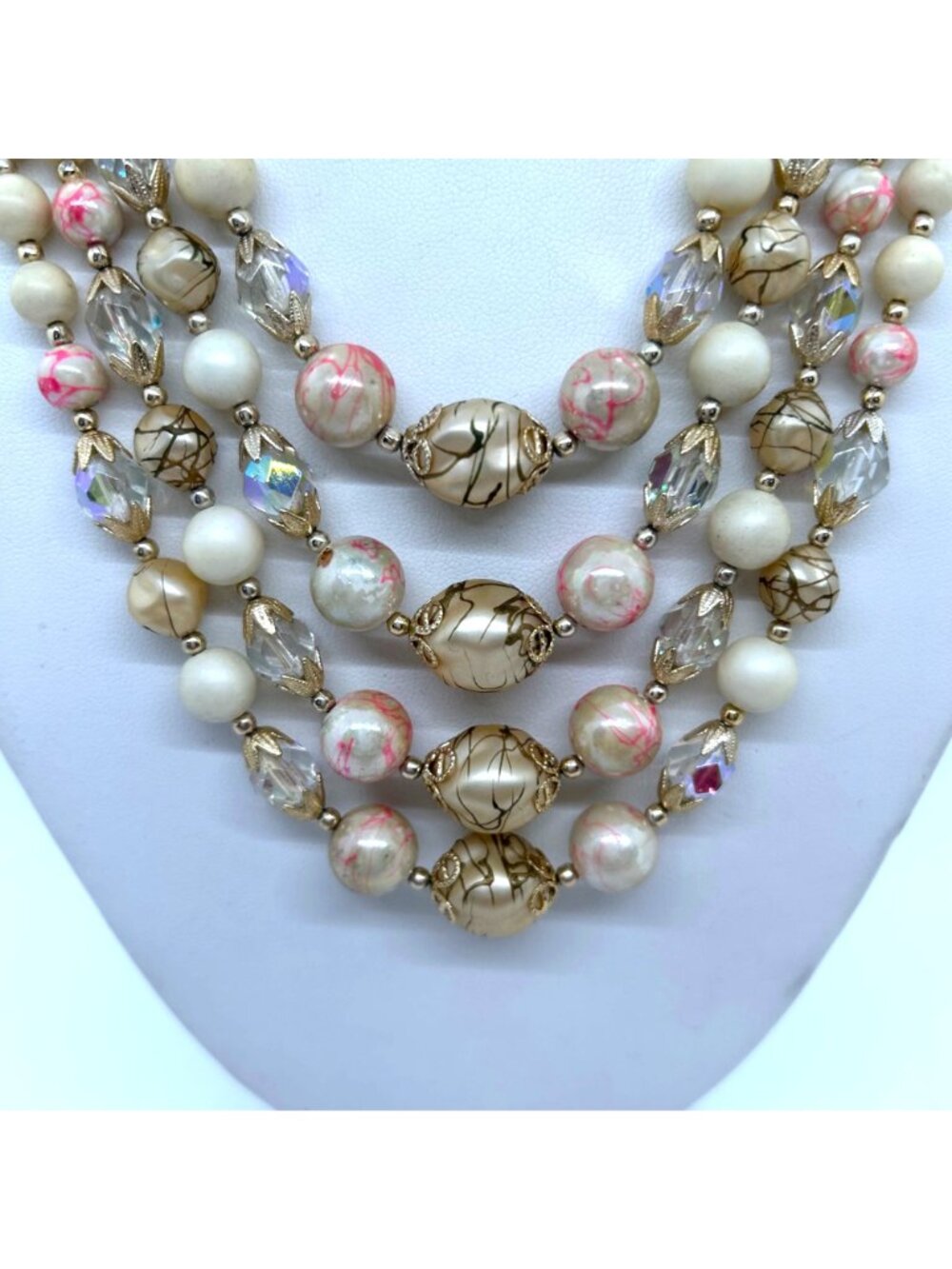 Vintage 4-Strand Japan Necklace Pink Swirl Beads Glass Acrylic Gold-Tone 1950s - Picture 4 of 16